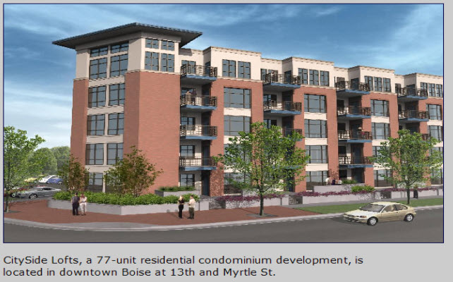 Architectural rendering of CitySide Lofts, showing its brick facade and landscaped streetscape